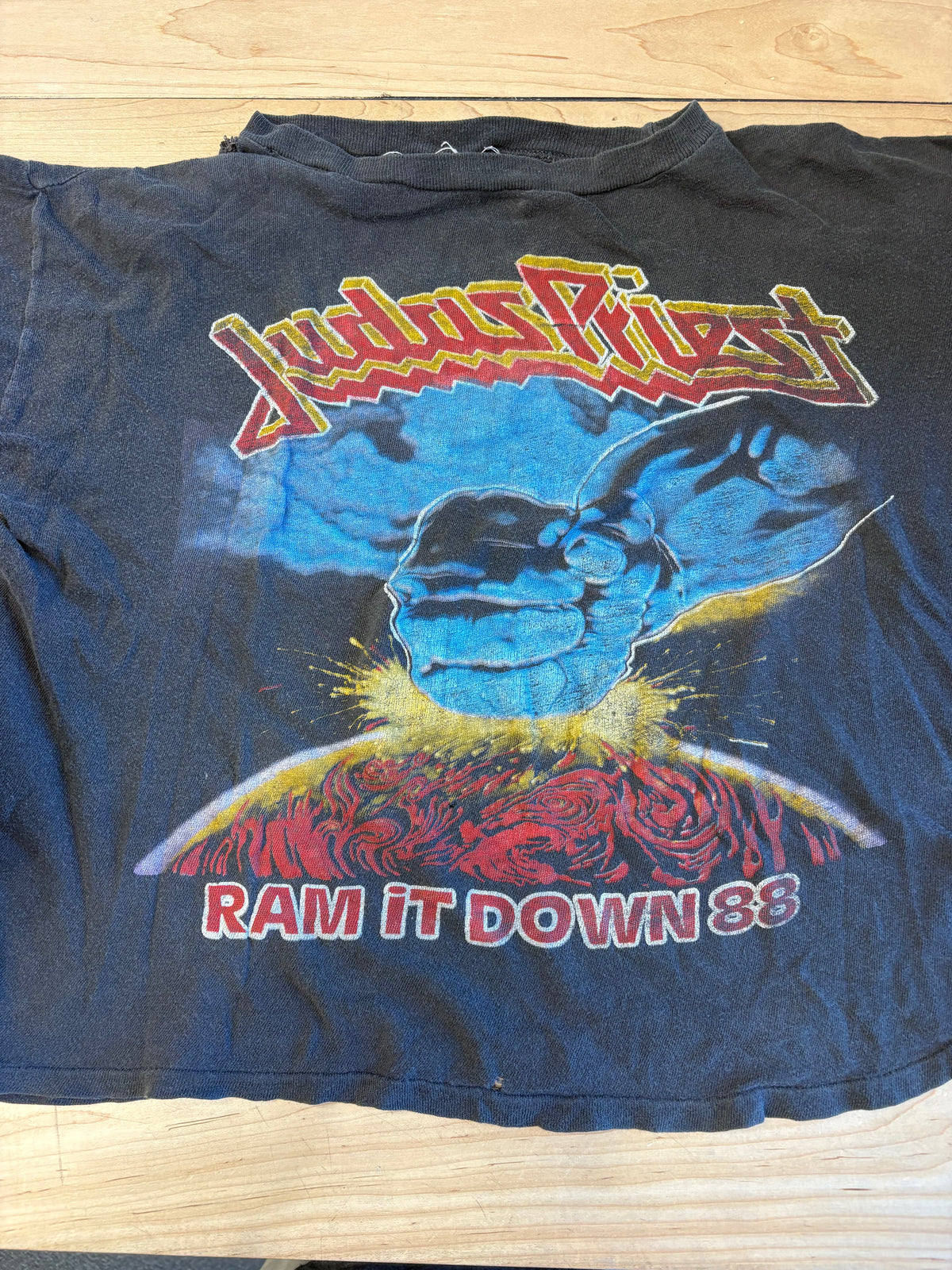 1988 Judas Priest Ram It Down Tour W/ Cinderella Half Torso T-Shirt, XL (Wear & Minor Holes, See Description)-BoldPlay